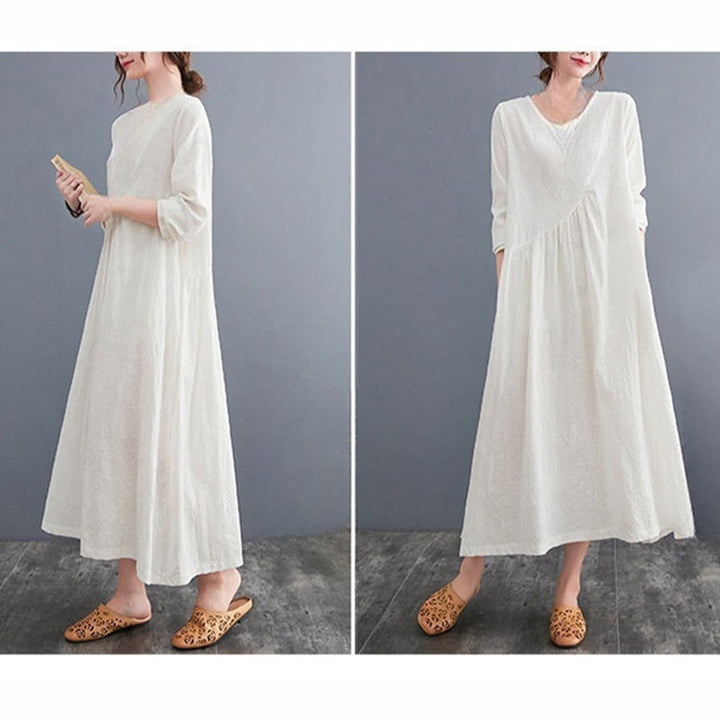 Buddha Stones – Einfaches Jacquard-Muster – Langärmliges Midikleid aus Baumwolle und Leinen für Damen mit Taschen - image 6