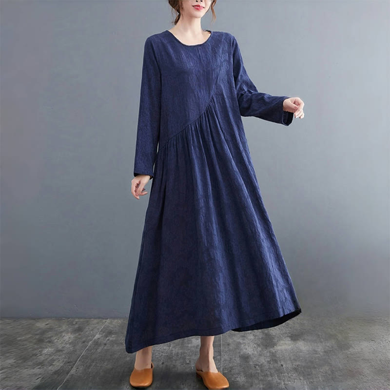Buddha Stones – Einfaches Jacquard-Muster – Langärmliges Midikleid aus Baumwolle und Leinen für Damen mit Taschen - image 23
