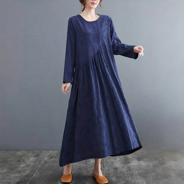 Buddha Stones – Einfaches Jacquard-Muster – Langärmliges Midikleid aus Baumwolle und Leinen für Damen mit Taschen - image 23