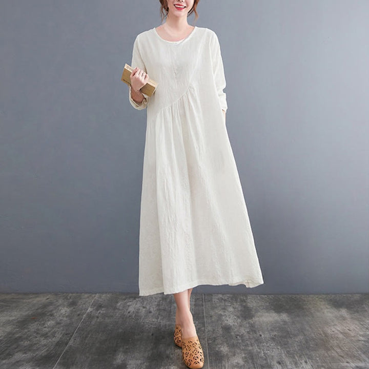 Buddha Stones – Einfaches Jacquard-Muster – Langärmliges Midikleid aus Baumwolle und Leinen für Damen mit Taschen - image 4