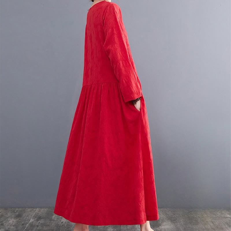 Buddha Stones – Einfaches Jacquard-Muster – Langärmliges Midikleid aus Baumwolle und Leinen für Damen mit Taschen - image 14