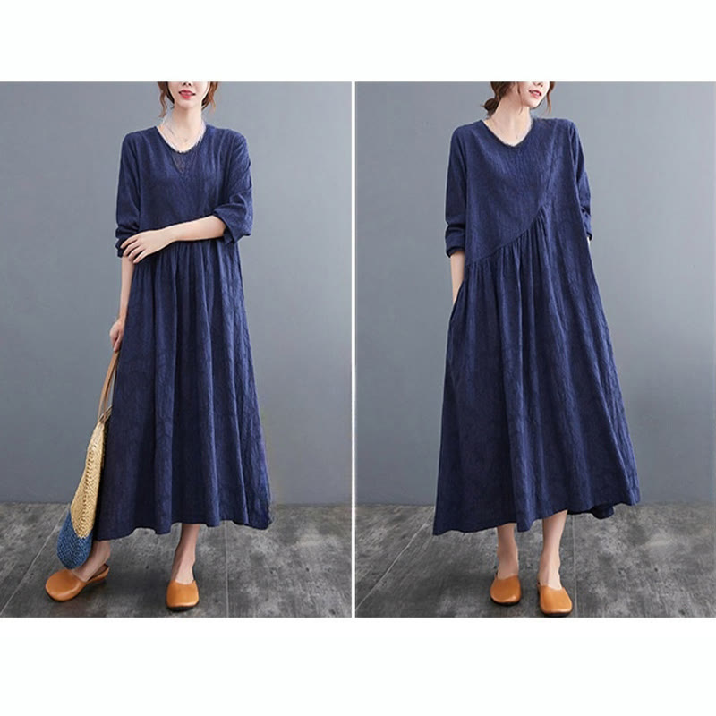 Buddha Stones – Einfaches Jacquard-Muster – Langärmliges Midikleid aus Baumwolle und Leinen für Damen mit Taschen - image 27