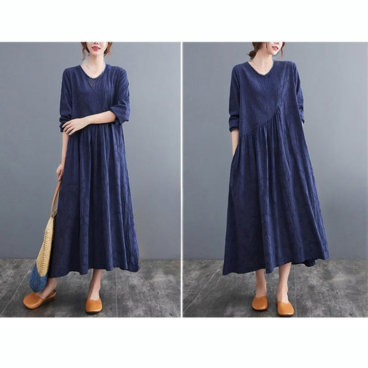 Buddha Stones – Einfaches Jacquard-Muster – Langärmliges Midikleid aus Baumwolle und Leinen für Damen mit Taschen - image 27