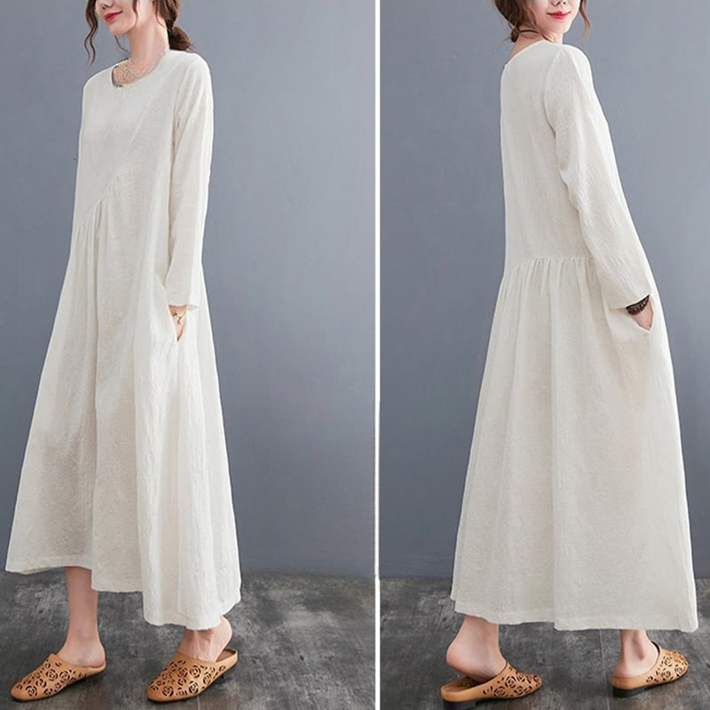 Buddha Stones – Einfaches Jacquard-Muster – Langärmliges Midikleid aus Baumwolle und Leinen für Damen mit Taschen - image 5