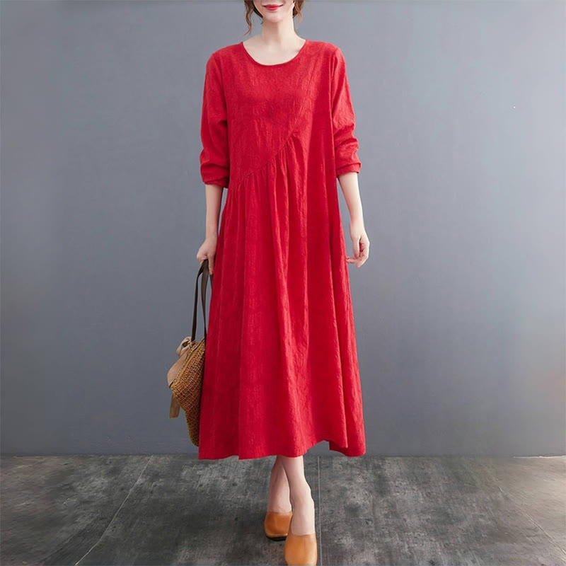 Buddha Stones – Einfaches Jacquard-Muster – Langärmliges Midikleid aus Baumwolle und Leinen für Damen mit Taschen - image 12