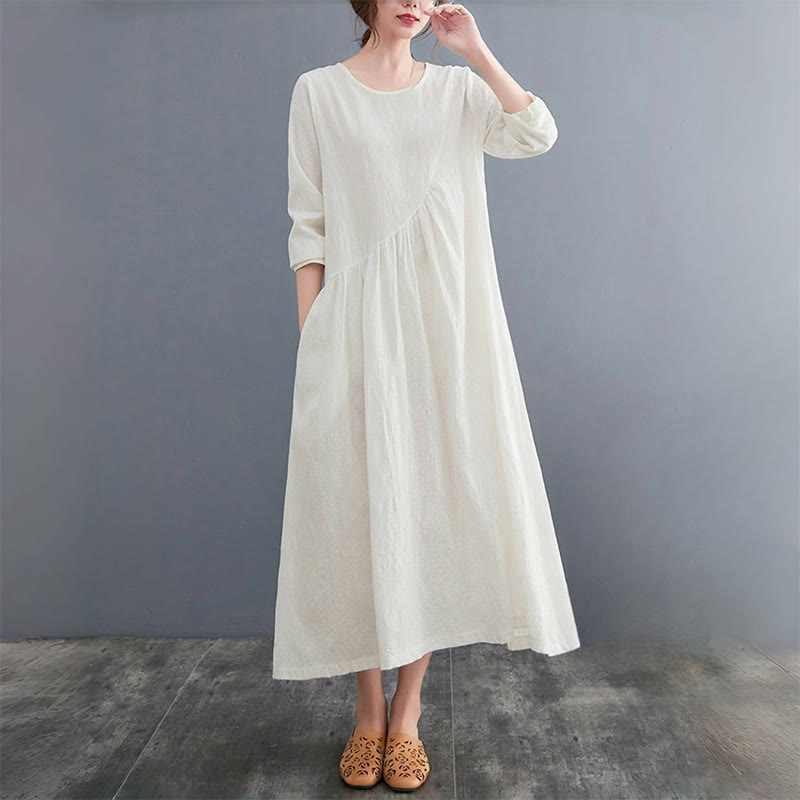 Buddha Stones – Einfaches Jacquard-Muster – Langärmliges Midikleid aus Baumwolle und Leinen für Damen mit Taschen - image 1