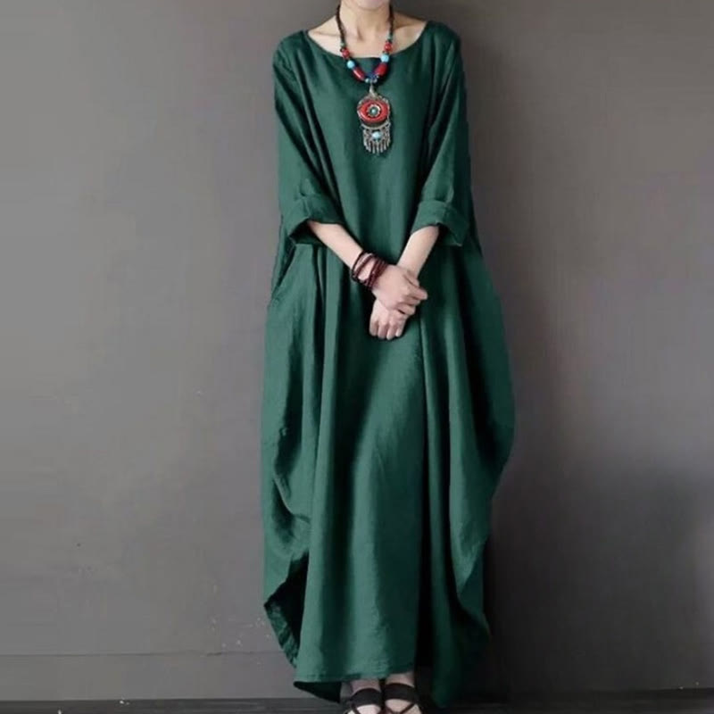 Buddha Stones Einfarbiges Maxikleid aus Baumwolle mit Dreiviertelärmeln für Damen - Dunkelgrün - US16， UK/AU20，EU48 (5XL) - image 9
