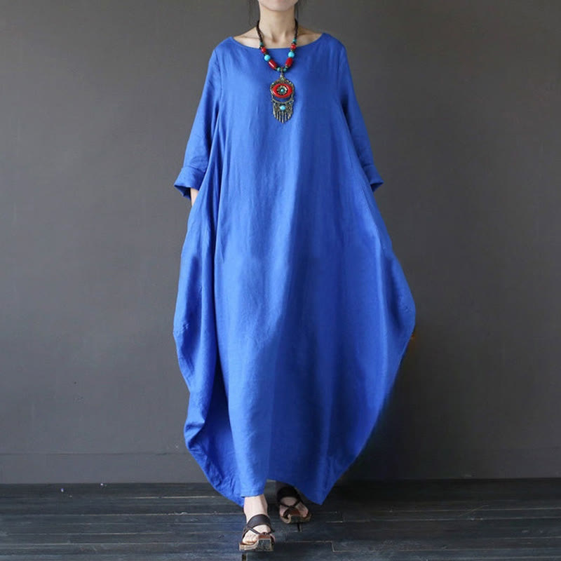 Buddha Stones Einfarbiges Maxikleid aus Baumwolle mit Dreiviertelärmeln für Damen - Blau - US16， UK/AU20，EU48 (5XL) - image 10
