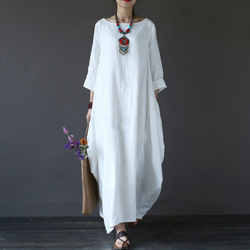 Buddha Stones Einfarbiges Maxikleid aus Baumwolle mit Dreiviertelärmeln für Damen - Weiß - US16, UK/AU20, EU48 (5XL) - image 0