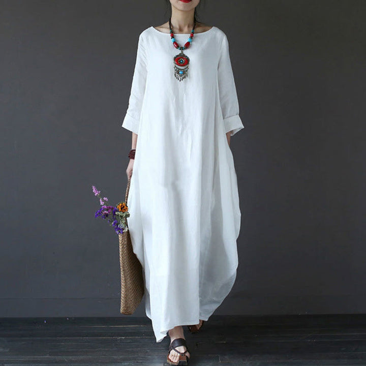 Buddha Stones Einfarbiges Maxikleid aus Baumwolle mit Dreiviertelärmeln für Damen - Weiß - US16, UK/AU20, EU48 (5XL) - image 0