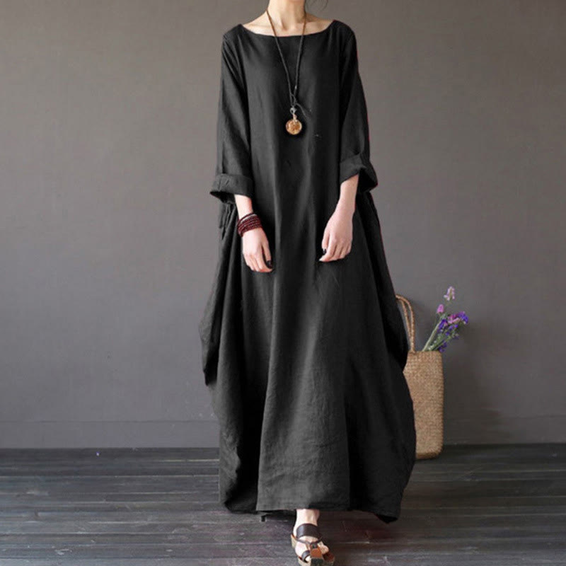 Buddha Stones Einfarbiges Maxikleid aus Baumwolle mit Dreiviertelärmeln für Damen - Schwarz - US16, UK/AU20, EU48 (5XL) - image 11
