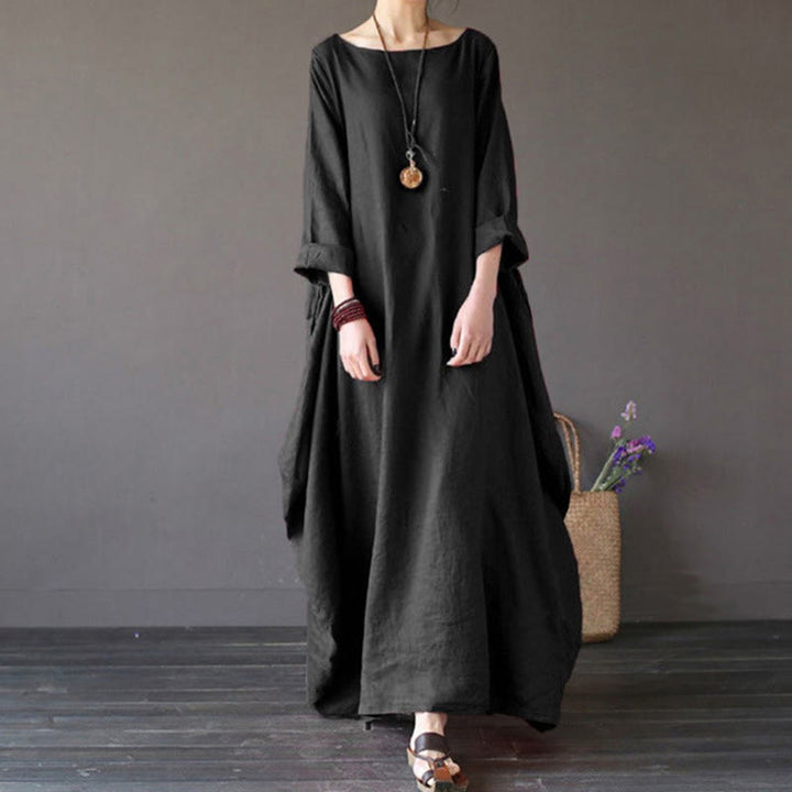 Buddha Stones Einfarbiges Maxikleid aus Baumwolle mit Dreiviertelärmeln für Damen - Schwarz - US16, UK/AU20, EU48 (5XL) - image 11