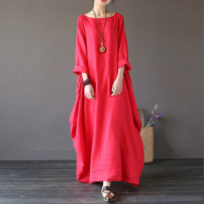 Buddha Stones Einfarbiges Maxikleid aus Baumwolle mit Dreiviertelärmeln für Damen - Rot - US16, UK/AU20, EU48 (5XL) - image 5