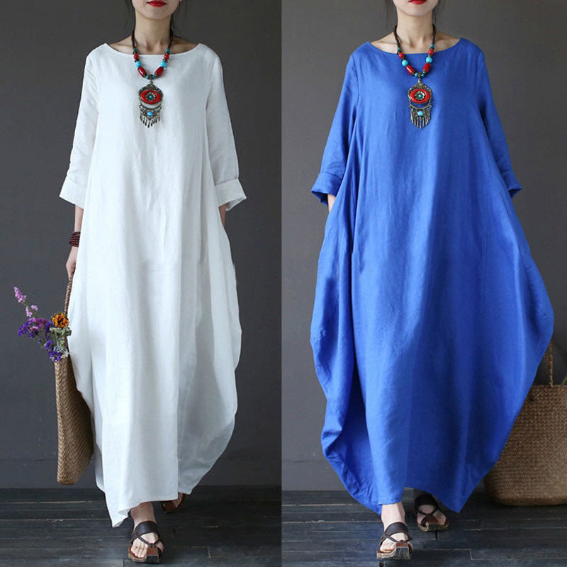 Buddha Stones Einfarbiges Maxikleid aus Baumwolle mit Dreiviertelärmeln für Damen - image 10