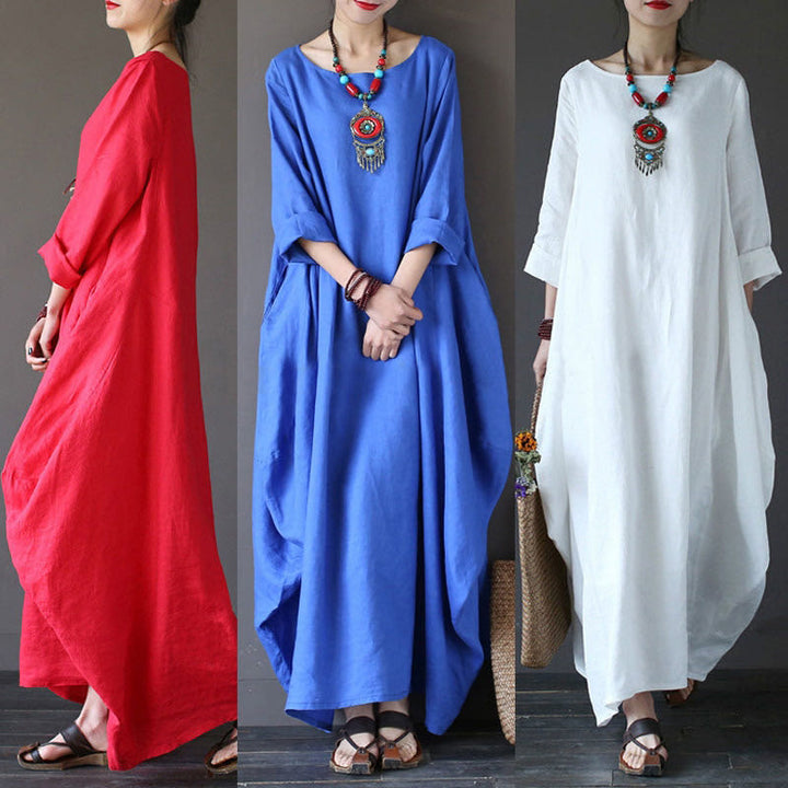 Buddha Stones Einfarbiges Maxikleid aus Baumwolle mit Dreiviertelärmeln für Damen - image 8