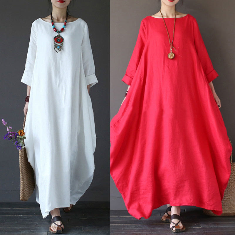 Buddha Stones Einfarbiges Maxikleid aus Baumwolle mit Dreiviertelärmeln für Damen - image 5