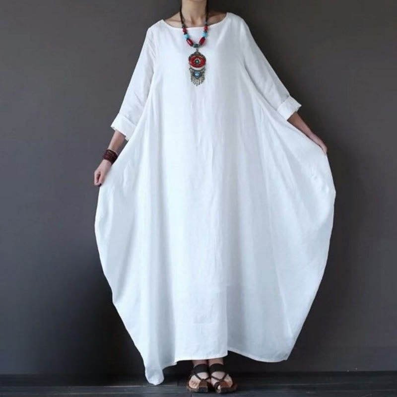 Buddha Stones Einfarbiges Maxikleid aus Baumwolle mit Dreiviertelärmeln für Damen - image 3