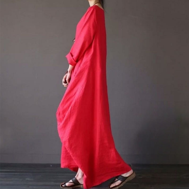 Buddha Stones Einfarbiges Maxikleid aus Baumwolle mit Dreiviertelärmeln für Damen - image 6