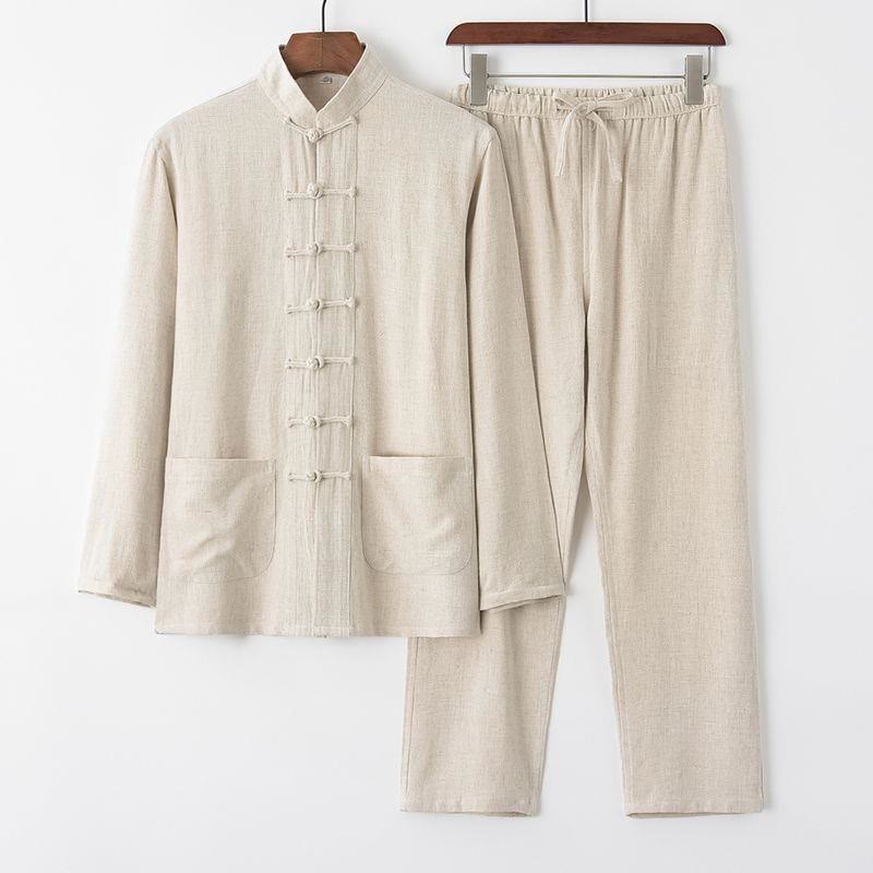 Buddha Stones 2-teiliger Tang-Anzug mit Froschknöpfen, Langarmhemd und Hose, Leinen-Baumwolle, Herren-Set - Beige - US/ UK/AU44，EU54 (4XL) - image 0