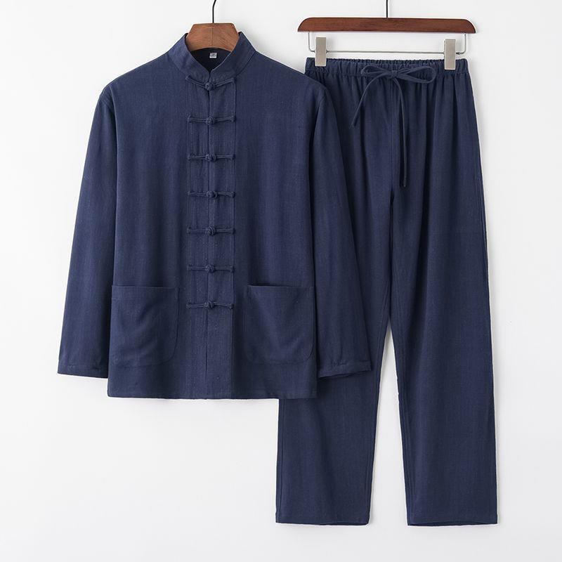 Buddha Stones 2-teiliger Tang-Anzug mit Froschknöpfen, Langarmhemd und Hose, Leinen-Baumwolle, Herren-Set - Stahlblau - US/ UK/AU44，EU54 (4XL) - image 13