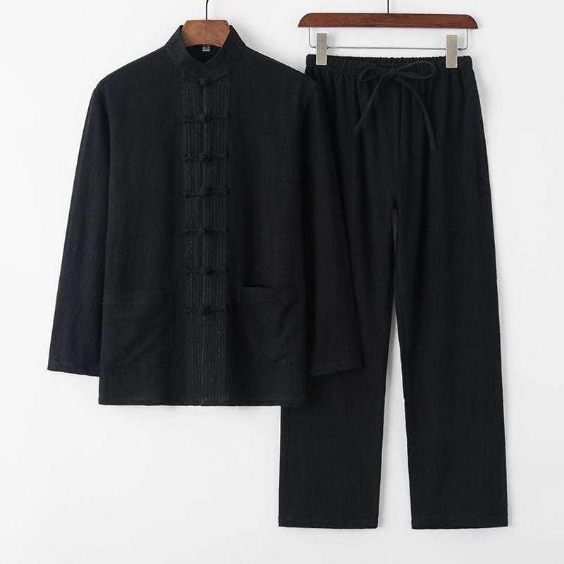 Buddha Stones 2-teiliger Tang-Anzug mit Froschknöpfen, Langarmhemd und Hose, Leinen-Baumwolle, Herren-Set - Schwarz - US/ UK/AU44，EU54 (4XL) - image 12