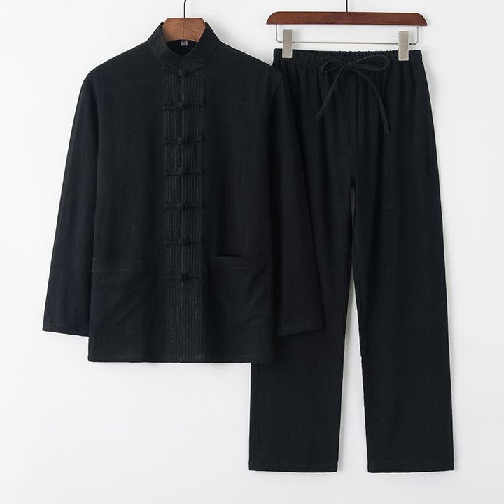 Buddha Stones 2-teiliger Tang-Anzug mit Froschknöpfen, Langarmhemd und Hose, Leinen-Baumwolle, Herren-Set - Schwarz - US/ UK/AU44，EU54 (4XL) - image 12