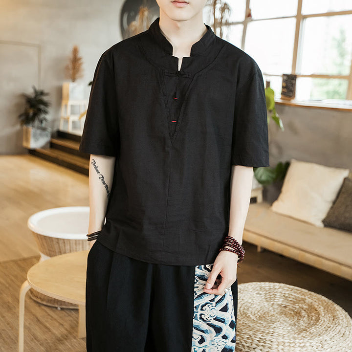 Buddha Stones Sommer-Hemd aus Baumwolle mit Froschknöpfen und eingekerbtem Halsausschnitt für Herren mit halblangen Ärmeln - Schwarz - US/ UK/AU46, EU56 (5XL) - image 3