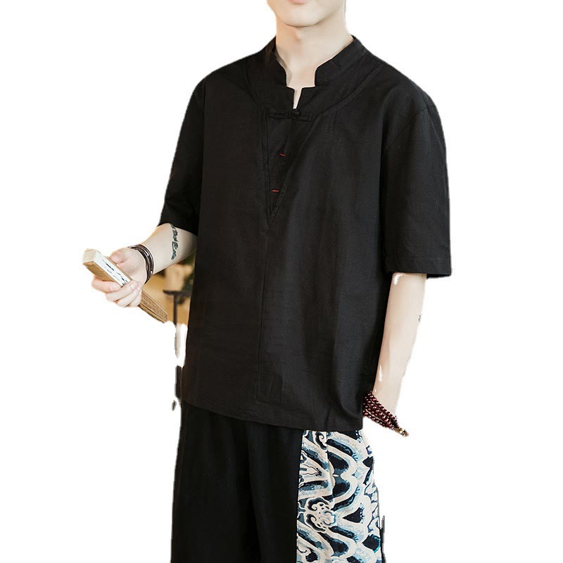 Buddha Stones Sommer-Hemd aus Baumwolle mit Froschknöpfen und eingekerbtem Halsausschnitt für Herren mit halblangen Ärmeln - image 4