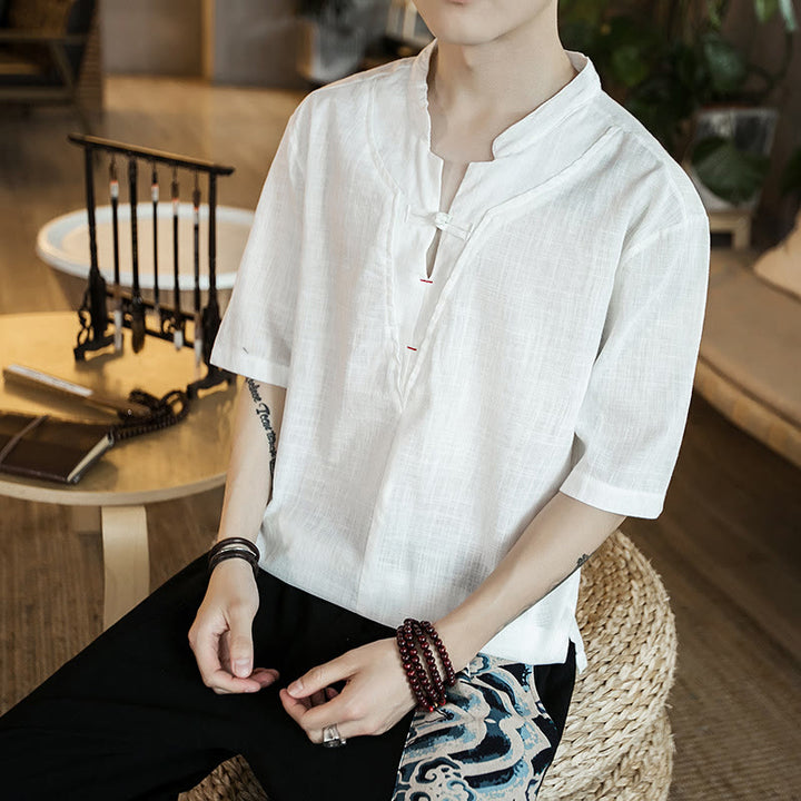 Buddha Stones Sommer-Hemd aus Baumwolle mit Froschknöpfen und eingekerbtem Halsausschnitt für Herren mit halblangen Ärmeln - image 2