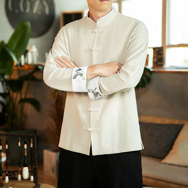 Buddha Stones Tang-Anzug Froschknopf Kranich Stickerei Langarm Herrenhemd aus Baumwolle - Beige - US/ UK/AU46, EU56 (5XL) - image 8