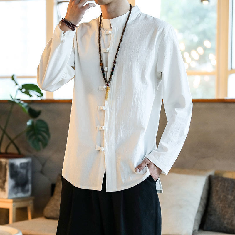 Buddha Stones Casual Stehkragen Froschknopf Langarm Tang Anzug Herrenhemd - Weiß - US/ UK/AU46, EU56 (5XL) - image 0