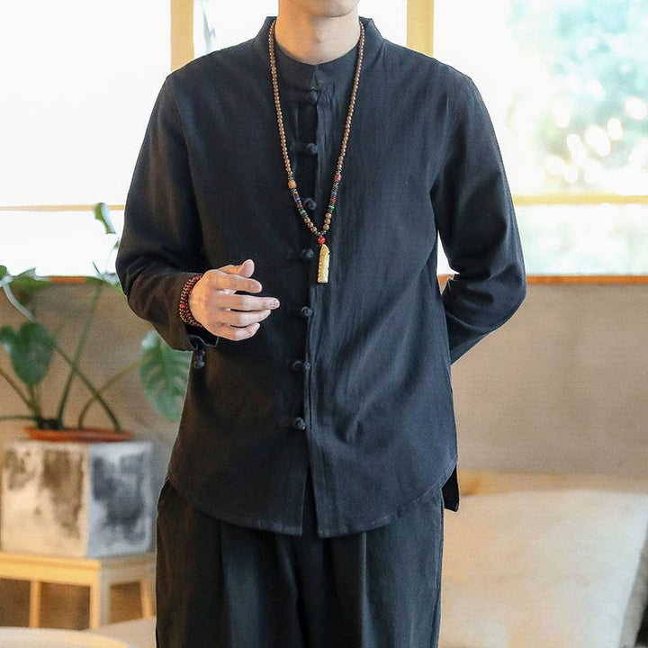 Buddha Stones Lässiges Herrenhemd aus Leinen mit Stehkragen und Froschknöpfen, langärmlig - Schwarz - US/ UK/AU46，EU56 (5XL) - image 6