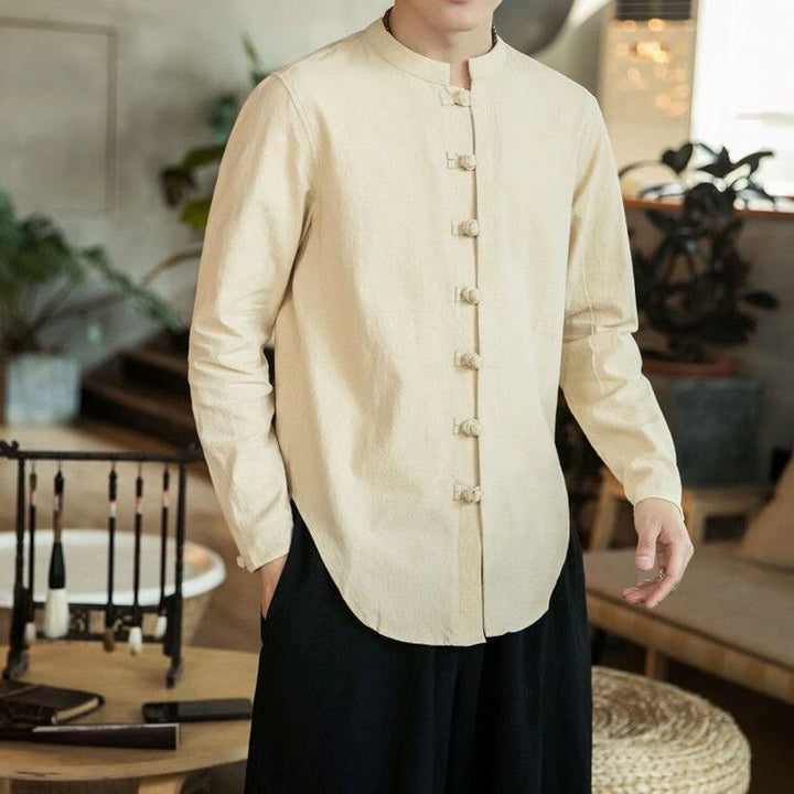 Buddha Stones Lässiges Herrenhemd aus Leinen mit Stehkragen und Froschknöpfen, langärmlig - Beige - US/ UK/AU46，EU56 (5XL) - image 11