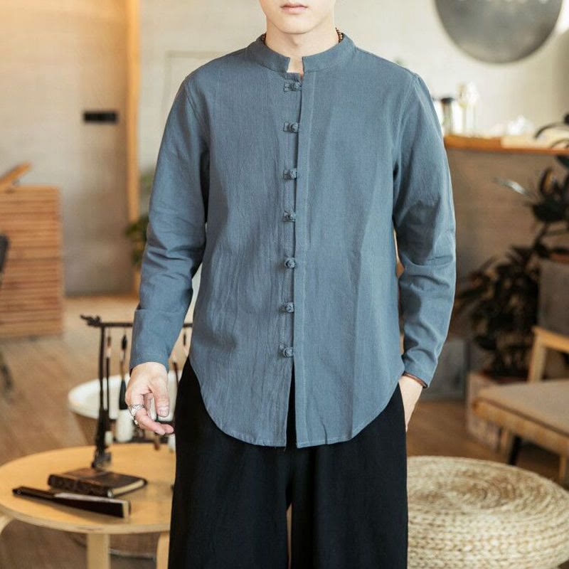 Buddha Stones Lässiges Herrenhemd aus Leinen mit Stehkragen und Froschknöpfen, langärmlig - Dunkelgrau - US/ UK/AU46，EU56 (5XL) - image 10