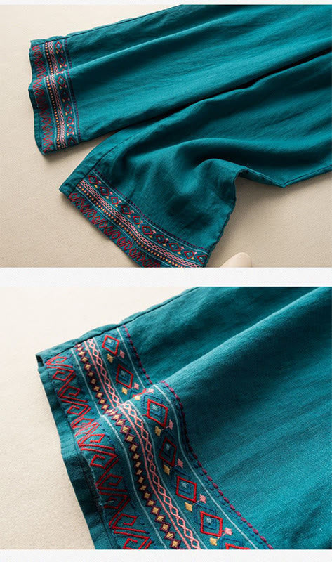 Buddha Stones Lässige Stickerei Böhmisches Muster Kordelzug Baumwolle Leinen Damen Weite Beinhose mit Taschen - image 8