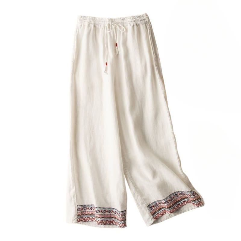 Buddha Stones Lässige Stickerei Böhmisches Muster Kordelzug Baumwolle Leinen Damen Weite Beinhose mit Taschen - image 16