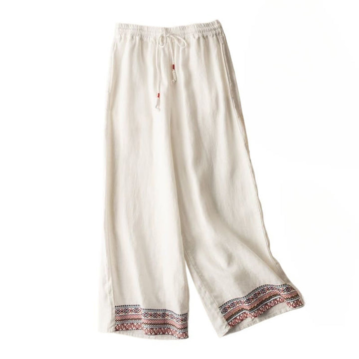Buddha Stones Lässige Stickerei Böhmisches Muster Kordelzug Baumwolle Leinen Damen Weite Beinhose mit Taschen - image 16