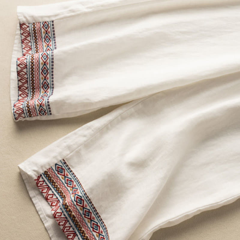Buddha Stones Lässige Stickerei Böhmisches Muster Kordelzug Baumwolle Leinen Damen Weite Beinhose mit Taschen - image 15