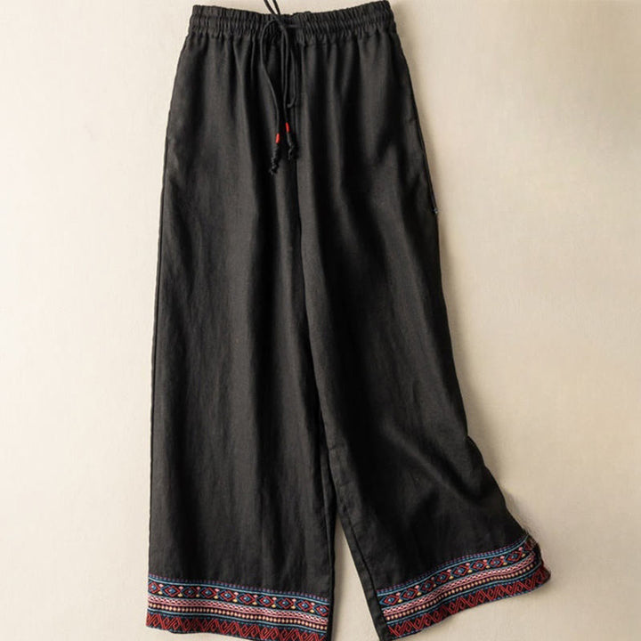 Buddha Stones Lässige Stickerei Böhmisches Muster Kordelzug Baumwolle Leinen Damen Weite Beinhose mit Taschen - Schwarz - US12， UK/AU16，EU44 (XL) - image 9