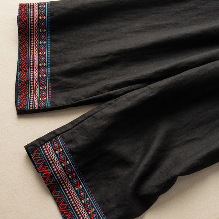 Buddha Stones Lässige Stickerei Böhmisches Muster Kordelzug Baumwolle Leinen Damen Weite Beinhose mit Taschen - image 10