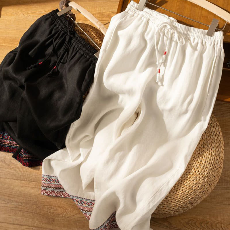 Buddha Stones Lässige Stickerei Böhmisches Muster Kordelzug Baumwolle Leinen Damen Weite Beinhose mit Taschen - image 17