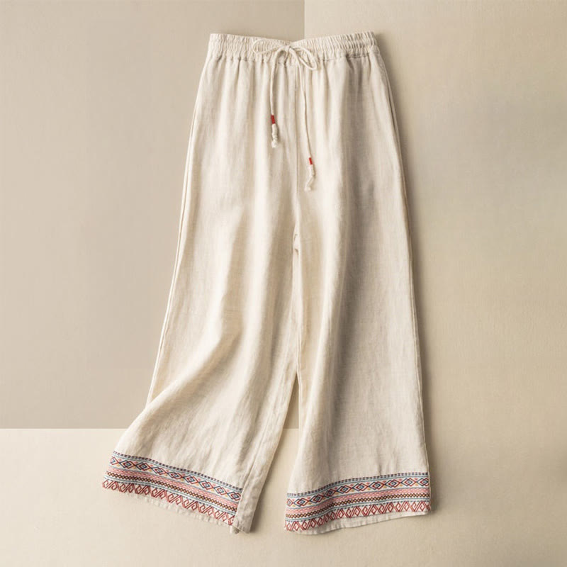 Buddha Stones Lässige Stickerei Böhmisches Muster Kordelzug Baumwolle Leinen Damen Weite Beinhose mit Taschen - Beige - US12, UK/AU16, EU44 (XL) - image 0
