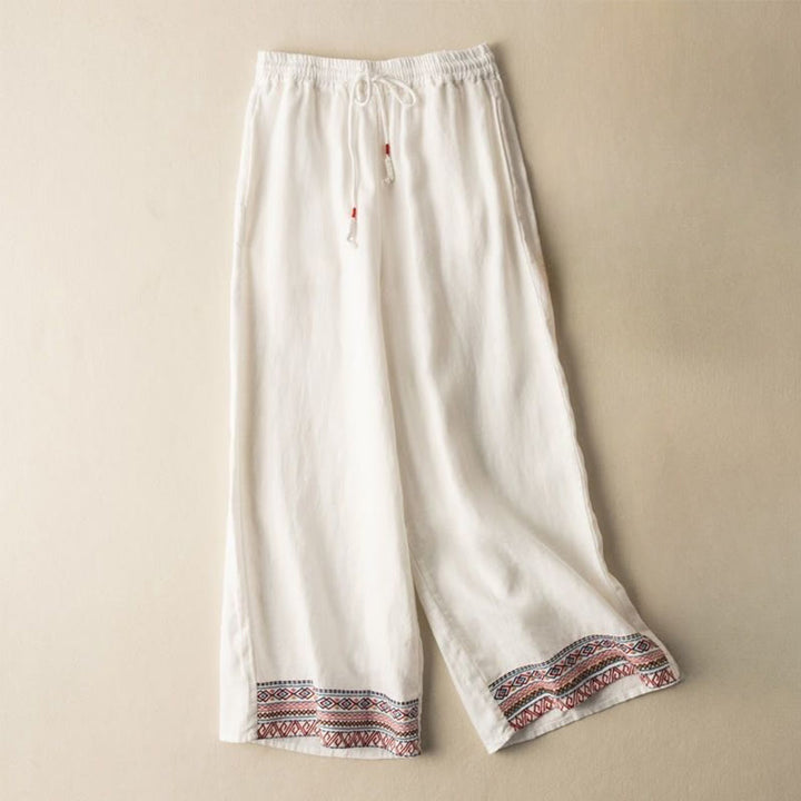 Buddha Stones Lässige Stickerei Böhmisches Muster Kordelzug Baumwolle Leinen Damen Weite Beinhose mit Taschen - OldLace - US 8-10, UK/AU 12-14, EU 40-42 (XL) - image 12