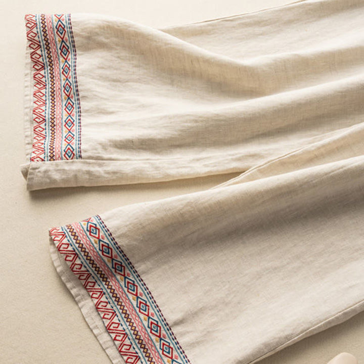 Buddha Stones Lässige Stickerei Böhmisches Muster Kordelzug Baumwolle Leinen Damen Weite Beinhose mit Taschen - image 4