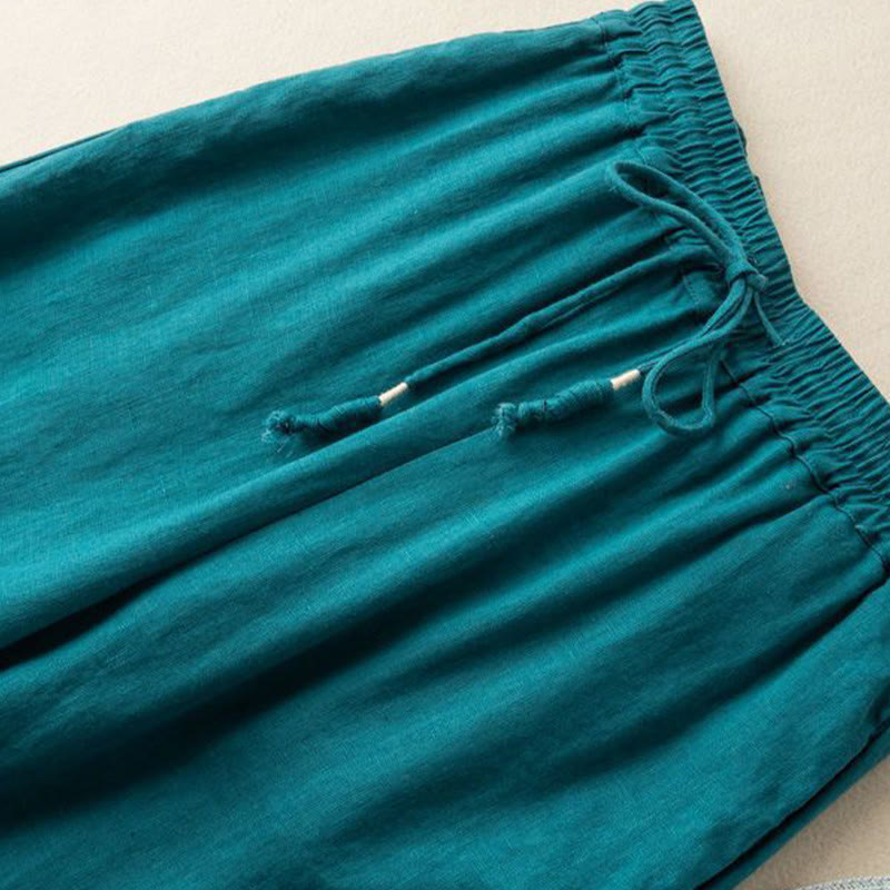 Buddha Stones Lässige Stickerei Böhmisches Muster Kordelzug Baumwolle Leinen Damen Weite Beinhose mit Taschen - image 6