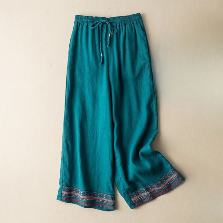 Buddha Stones Lässige Stickerei Böhmisches Muster Kordelzug Baumwolle Leinen Damen Weite Beinhose mit Taschen - HellMeerGrün - US12， UK/AU16，EU44 (XL) - image 6