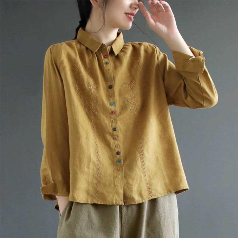 Buddha Stones ​​Frühlingsstickerei Langarm Buntes Knopfetikett Damenhemd - Dunkelgoldenrod - US12, UK/AU16, EU44 (2XL) - image 0