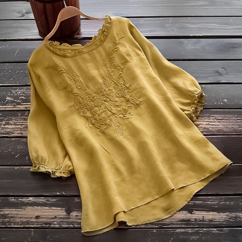 Buddha Stones Lässiges Damen-T-Shirt mit Stickerei, halben Puffärmeln, Rüschen, Rundhalsausschnitt, Baumwolle und Leinen - Gold - US14， UK/AU18，EU46 (4XL) - image 12