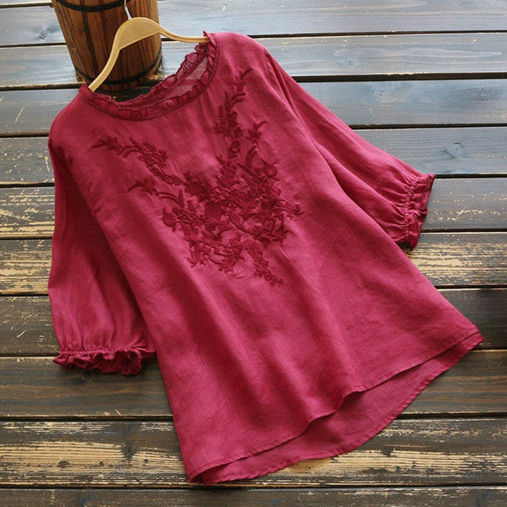 Buddha Stones Lässiges Damen-T-Shirt mit Stickerei, halben Puffärmeln, Rüschen, Rundhalsausschnitt, Baumwolle und Leinen - MittelViolettRot - US14， UK/AU18，EU46 (4XL) - image 4