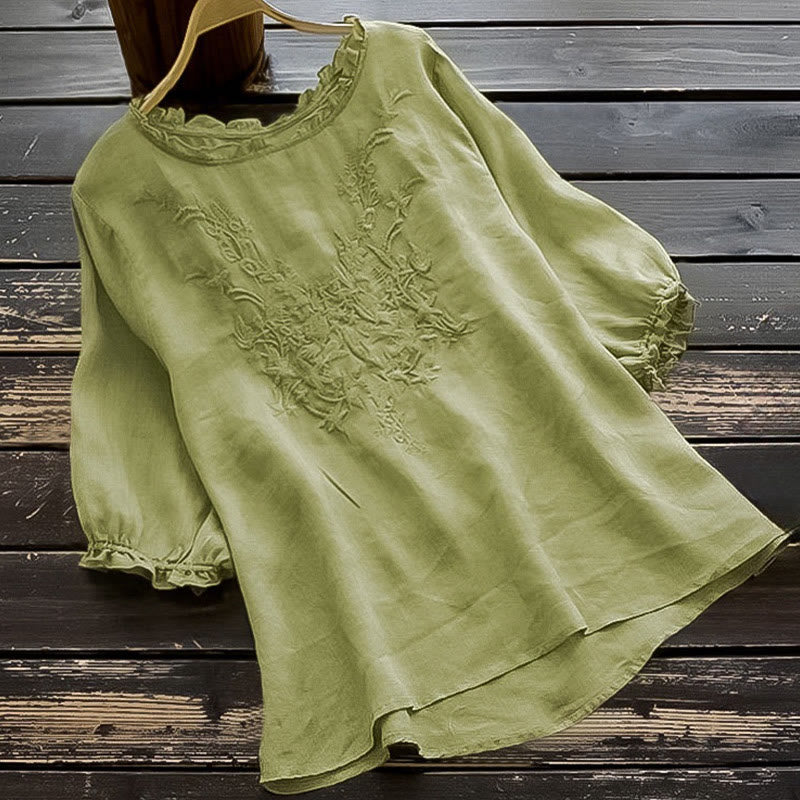 Buddha Stones Lässiges Damen-T-Shirt mit Stickerei, halben Puffärmeln, Rüschen, Rundhalsausschnitt, Baumwolle und Leinen - Hellgrün - US14， UK/AU18，EU46 (4XL) - image 0